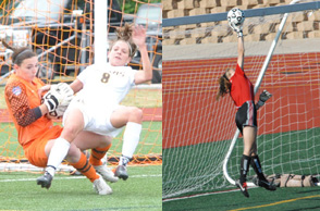IN ACTION: Rochester's Stephanie Heber (left in orange) and Alison Holland (in red) have emerged as two of Michigan's top goalkeepers during their prep careers and hope to lead their respective teams to the Division 1 Final Four as seniors.