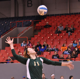 HIGH RISER:Pontia cNotre DamePrep goes up for the kill during Saturday';s Class B state finals. Photo Dan Stickradt